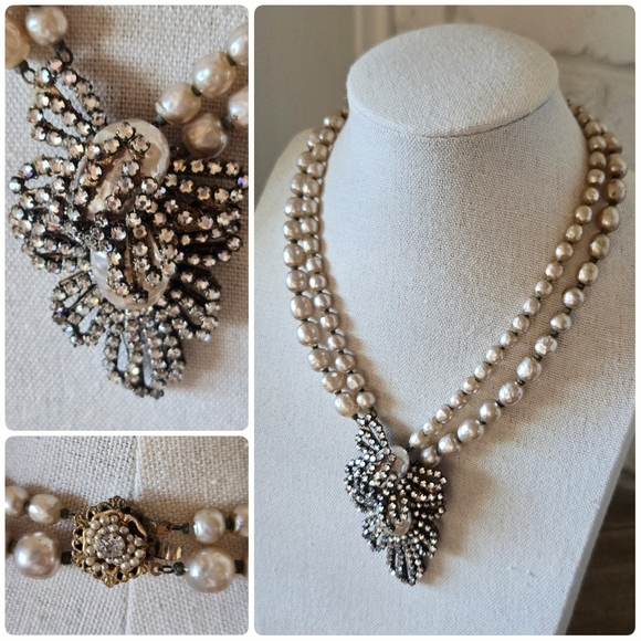 American Vintage Jewelry - Vtg Signed 40s 50s Miriam Haskell Baroque Pearl Multi Strand Necklace, 14"